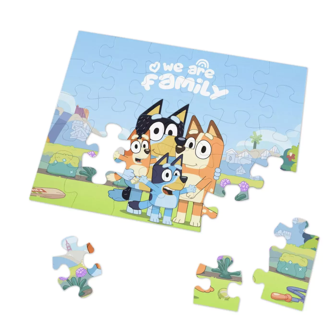 A close-up showing the vibrant colors and high-quality satin finish of the chipboard puzzle pieces.