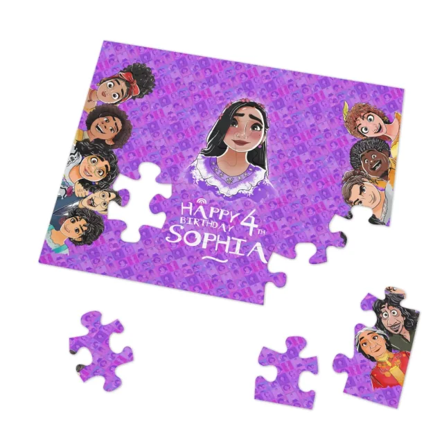 A child developing fine motor skills by handling the Encanto puzzle pieces.