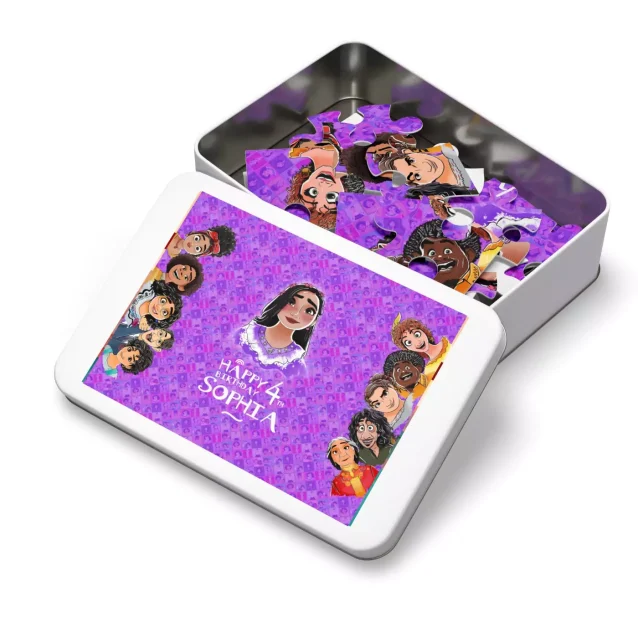 An Encanto puzzle presented as a birthday gift in its premium metal tin.