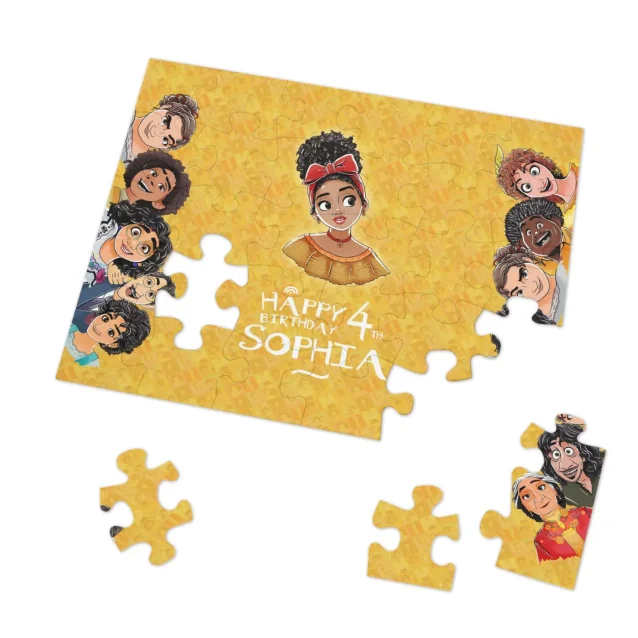 Close-up of a custom Encanto puzzle with the name 'The Garcia Familia' printed on it.