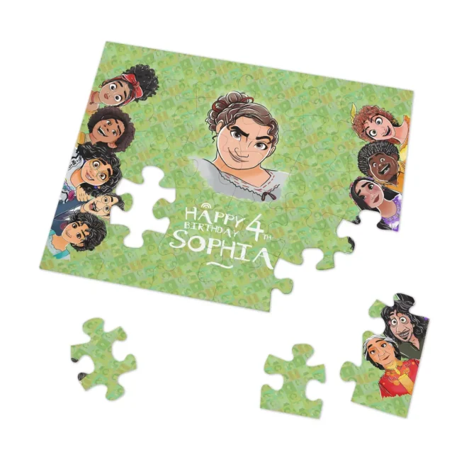 An example of the font used for custom names on the Madrigal family puzzle.