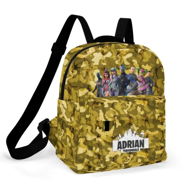 Front view of a personalized mini Fortnite backpack in the classic Battle Bus Drop pattern.