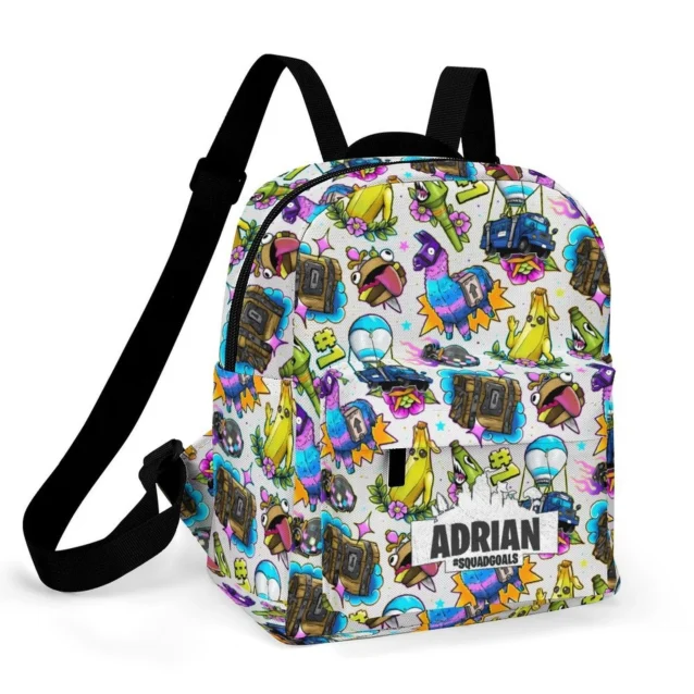 Durable mini Fortnite backpack for kids showcasing the Durrr Burger Fast Food gaming aesthetic.