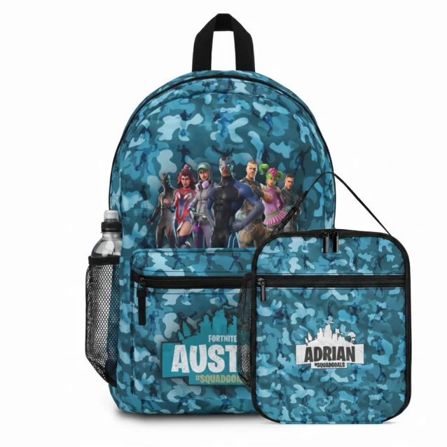 Coordinated Fortnite backpack and lunchbox set featuring the Loot Llama Galaxy design for back-to-school.