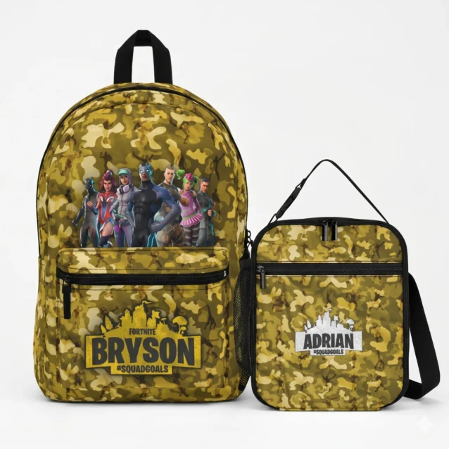 Personalized Fortnite backpack with lunchbox combo displaying a custom gamer tag and matching colors.