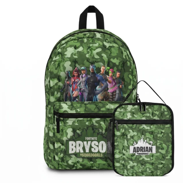 Complete Fortnite lunch box and backpack bundle showcasing the classic Battle Bus Drop graphics.