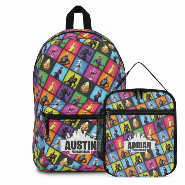 Kids' Fortnite backpack with lunch bag attached, highlighted in the Neon Gaming Glitch design.