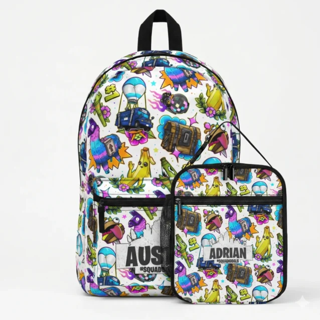 Custom 2-piece Fortnite backpack and lunchbox set featuring the stealthy Raven and Shadow Ops theme.