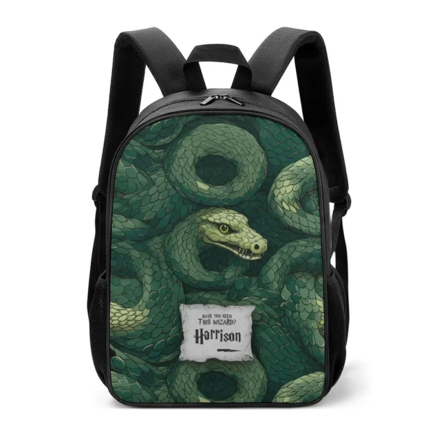 Front view of the Slytherin house green edition Harry Potter mini backpack displaying the prominent serpent crest badge
