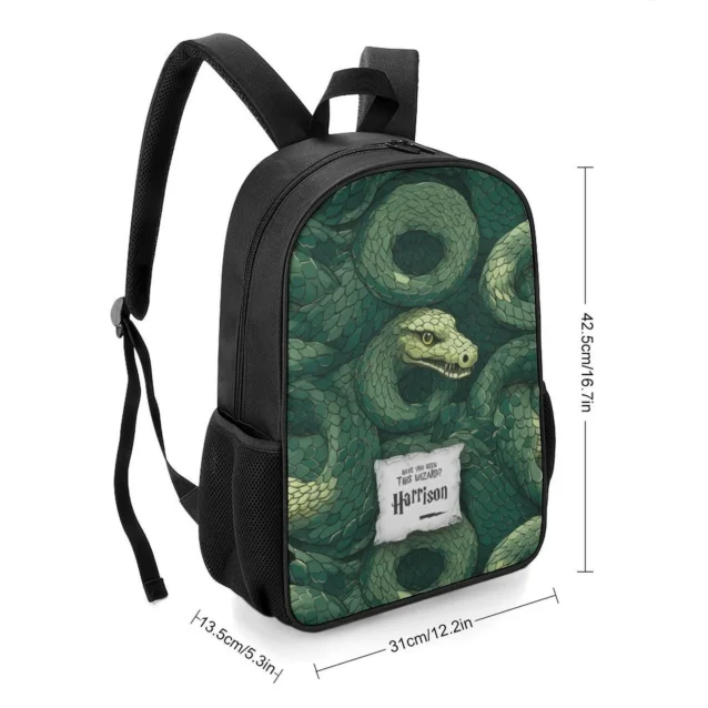 Side look at the green canvas Slytherin mini fashion backpack illustrating its compact travel profile geometry