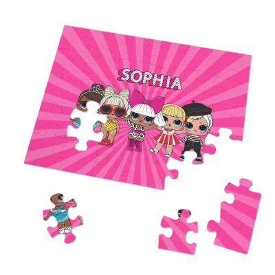 A completed LOL Surprise Puzzle featuring Queen Bee and Diva in a vibrant, colorful scene.