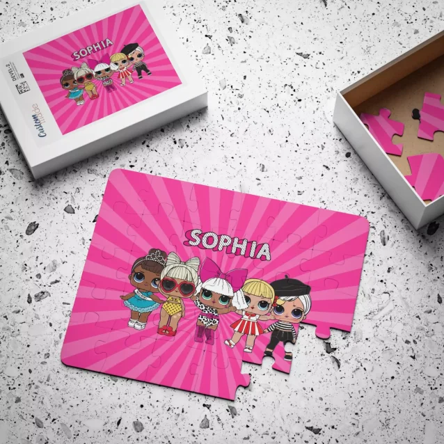 Close-up shot of the high-quality chipboard puzzle pieces with a satin finish.