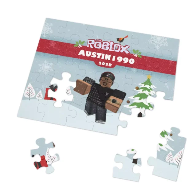 Completed personalized Roblox Christmas puzzle featuring a custom avatar in a festive scene, available in 252 and 500 pieces.