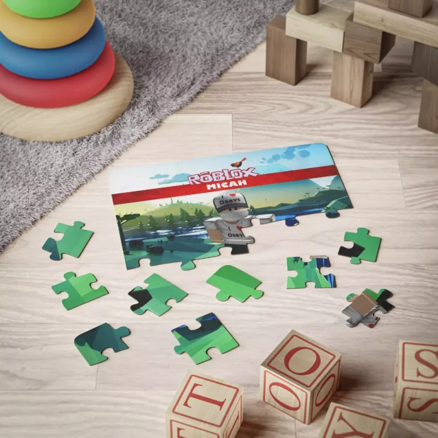 A custom Roblox photo puzzle being assembled, showing a group of friends' avatars.