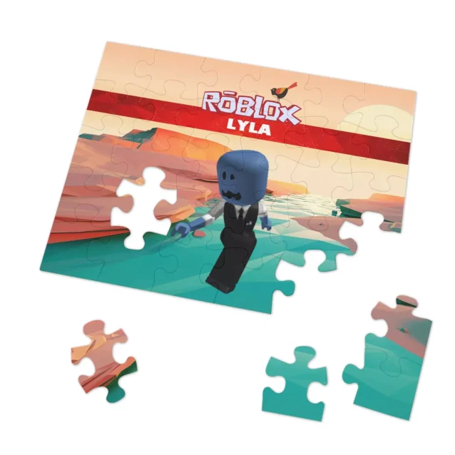 Close-up of a puzzle piece with a player's Roblox username printed on it.