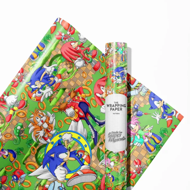 A parent carefully folding a sheet of 'Sonic Wrapp' around a gift, preparing a special surprise for their child who loves the famous video game hero.