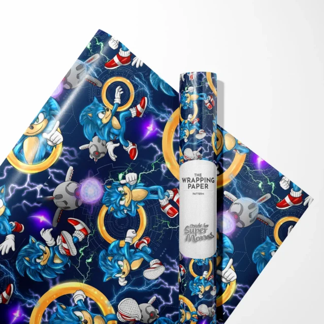 Custom Sonic the Hedgehog gift wrap roll featuring a pattern of Sonic, Tails the Fox, and Knuckles the Echidna in action poses.