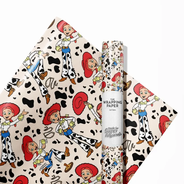 Action-packed Toy Story wrapping paper featuring a dynamic scene with Woody, Buzz Lightyear, Jessie, and the Green Aliens. The bright and energetic design is perfect for a child's action-filled birthday party.