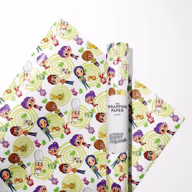 Abby Hatcher and her Fuzzly friends in a heroic pose on wrapping paper.