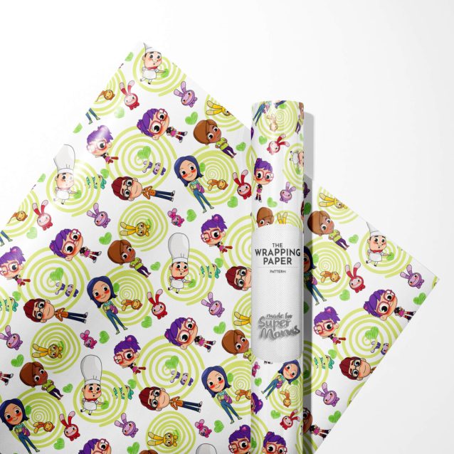 Abby Hatcher and her Fuzzly friends in a heroic pose on wrapping paper.