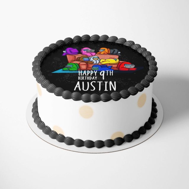 Personalized among us topper cake mockup displaying custom birthday text placement fields