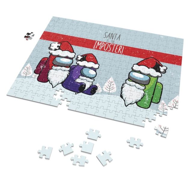 Top-down view of the personalized Among Us puzzle box with crewmate design.