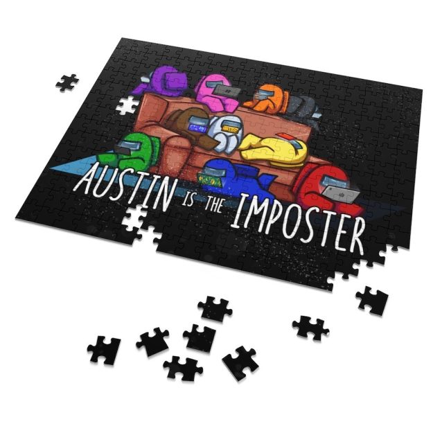 Among Us puzzle displayed next to a gaming keyboard and mouse.