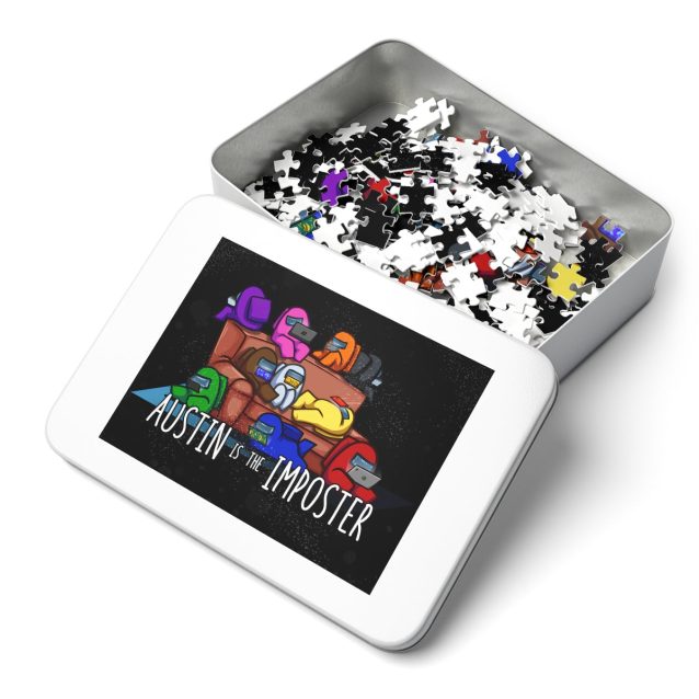 Angled shot of the Among Us jigsaw puzzle tin, showing custom text option.