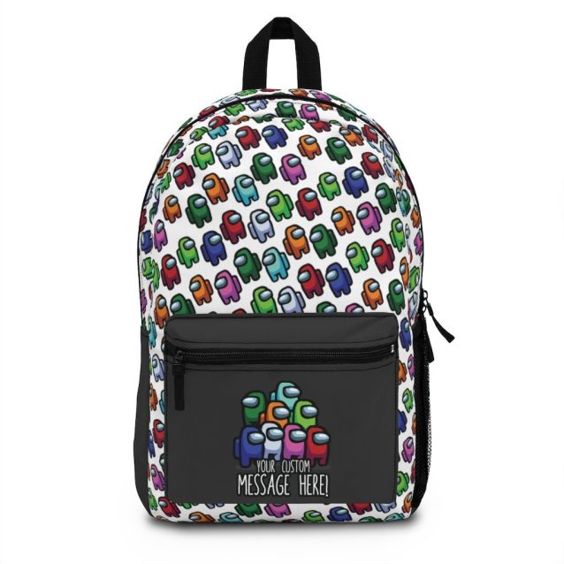Front display view of the custom white minimalist variant Among Us school bag for kids featuring a clean background pattern shell