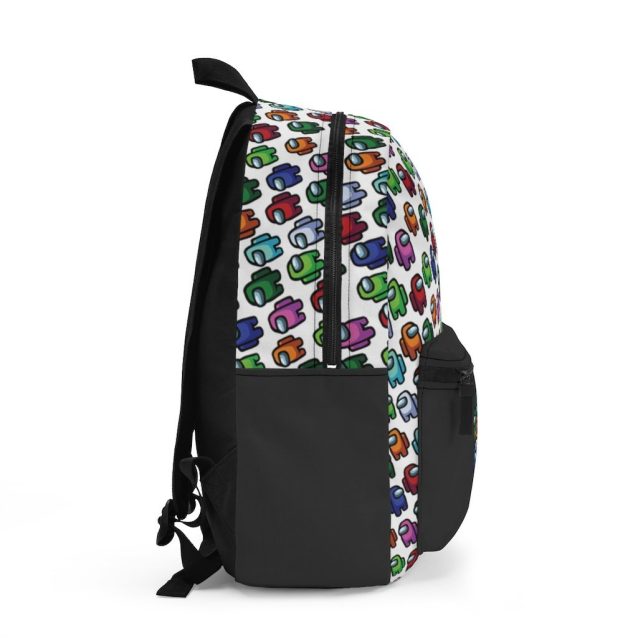 Perspective angle layout of the clean white custom Among Us bookbag showcasing durable zipper vaults