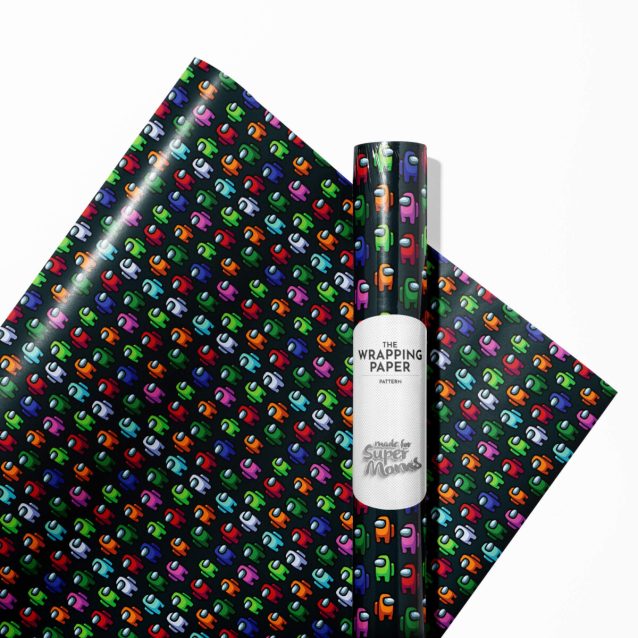 Among Us gift wrap with a pattern of crewmates and "Sus" text bubbles.