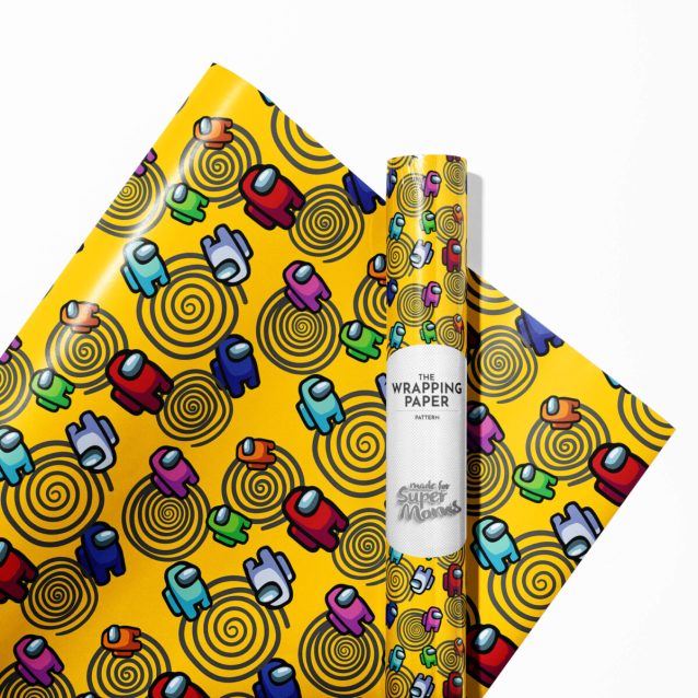 Roll of colorful Among Us wrapping paper featuring various crewmate designs.