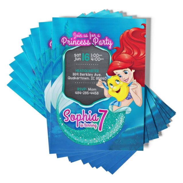 Personalized Little Mermaid invitation featuring Princess Ariel and Flounder.