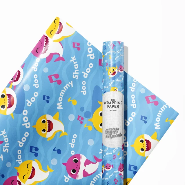 Roll of colorful Baby Shark wrapping paper featuring the whole Shark family.