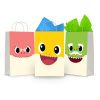 Three printable Baby Shark goodie bag fronts on paper party bags — the big-face designs for Grandma Shark on rose, Baby Shark on yellow and Grandpa Shark on green.