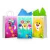 Three printable Baby Shark goodie bag fronts on paper party bags — underwater reef scenes, including a shark in a diving mask and snorkel and the whole shark family swimming together.