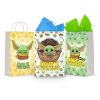 Three printable Baby Yoda goodie bag fronts on paper party bags — Grogu on a gold pod-pattern background, Grogu in his pod, and Grogu on a patterned green background, each saying "Have It You Must".