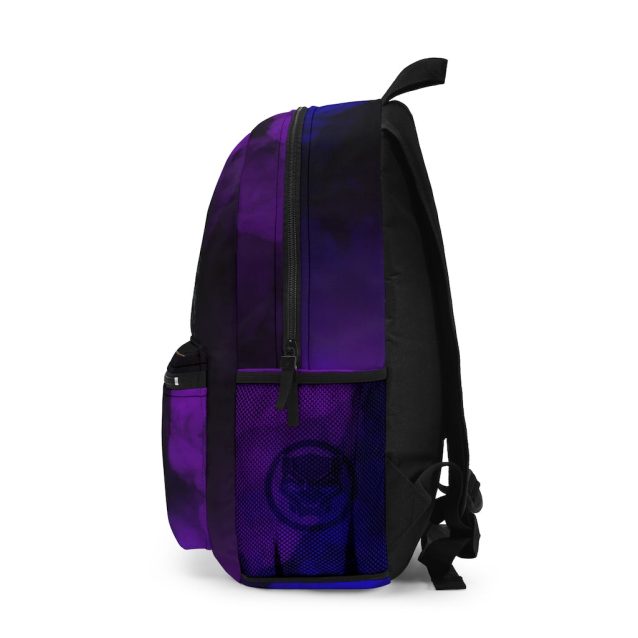 Side profile look at the durable canvas Black Panther backpack highlighting the reinforced mesh water bottle pocket layers