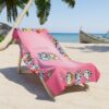 Personalized Bluey and Bingo beach towel printed with a name, laid flat to reveal the fun one-sided design.