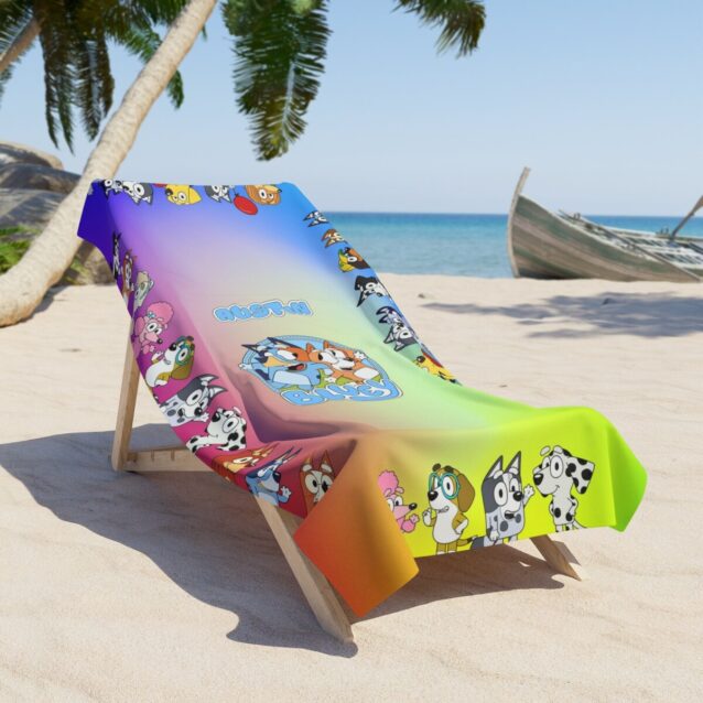 Personalized Bluey and Bingo beach towel customized with a name, perfect for the pool, the beach, or bath time.
