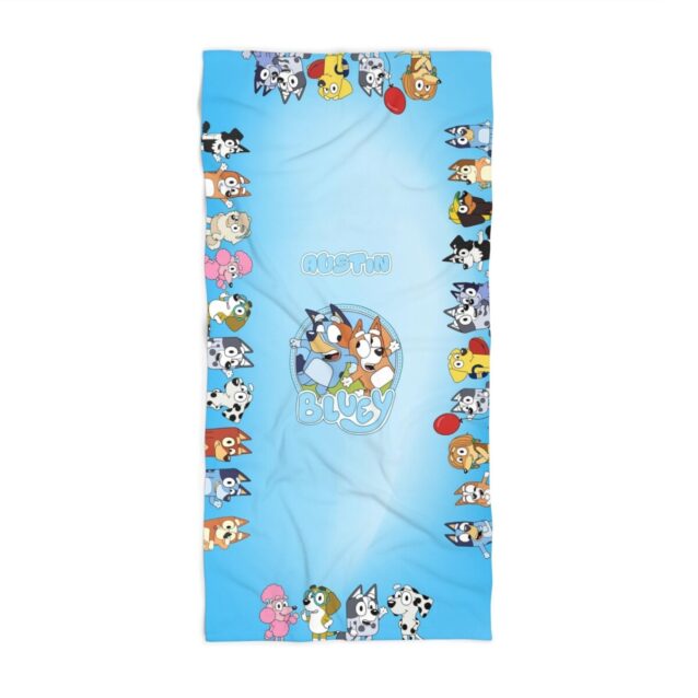 Spread out poolside, the blue Bluey and Bingo swim towel is soft terry that dries fast after a summer dip.