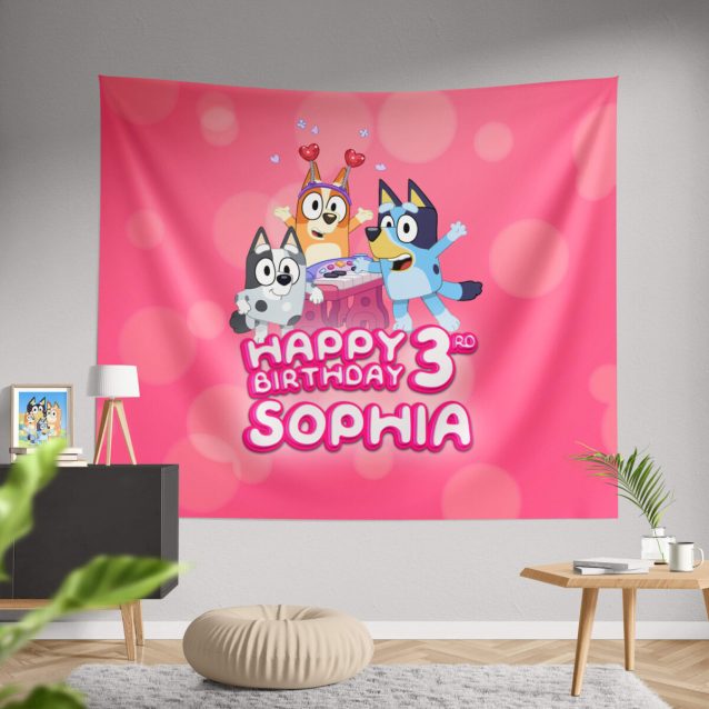 Bluey Bingo Birthday Banner Tapestries 104" × 88" PimpYourWorld