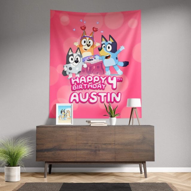 Bluey Bingo Birthday Banner Tapestries 68" × 80" PimpYourWorld