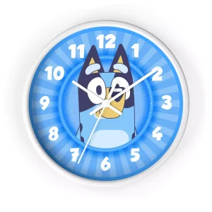 Bluey Wall Clock with easy-to-read numbers for kids learning to tell time.