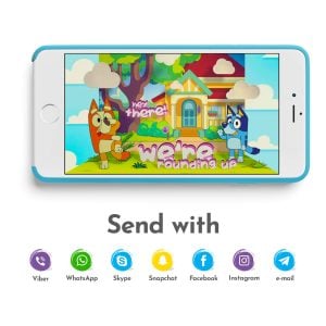 Bluey-themed video invitation with customizable details.