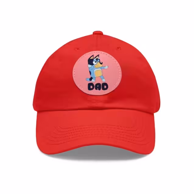 Bluey Dad Hat with Leather Patch Red / Pink patch PimpYourWorld