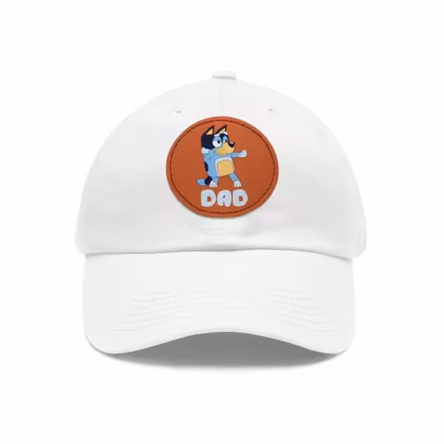 Bluey Dad Hat with Leather Patch White / Light Brown patch PimpYourWorld