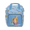 Blue Bluey diaper bag backpack with Bingo, presents and the Heeler family character toss.