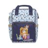 Navy polka-dot Bluey diaper bag with the Bingo party artwork on the front pocket.