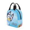 Personalized Bluey Meal Bag — the larger 9.8 x 9.1 x 6.3 inch bag with twin top handles and a front zip pocket, printed with Bluey's face, the child's name and the Heeler gang along the bottom.